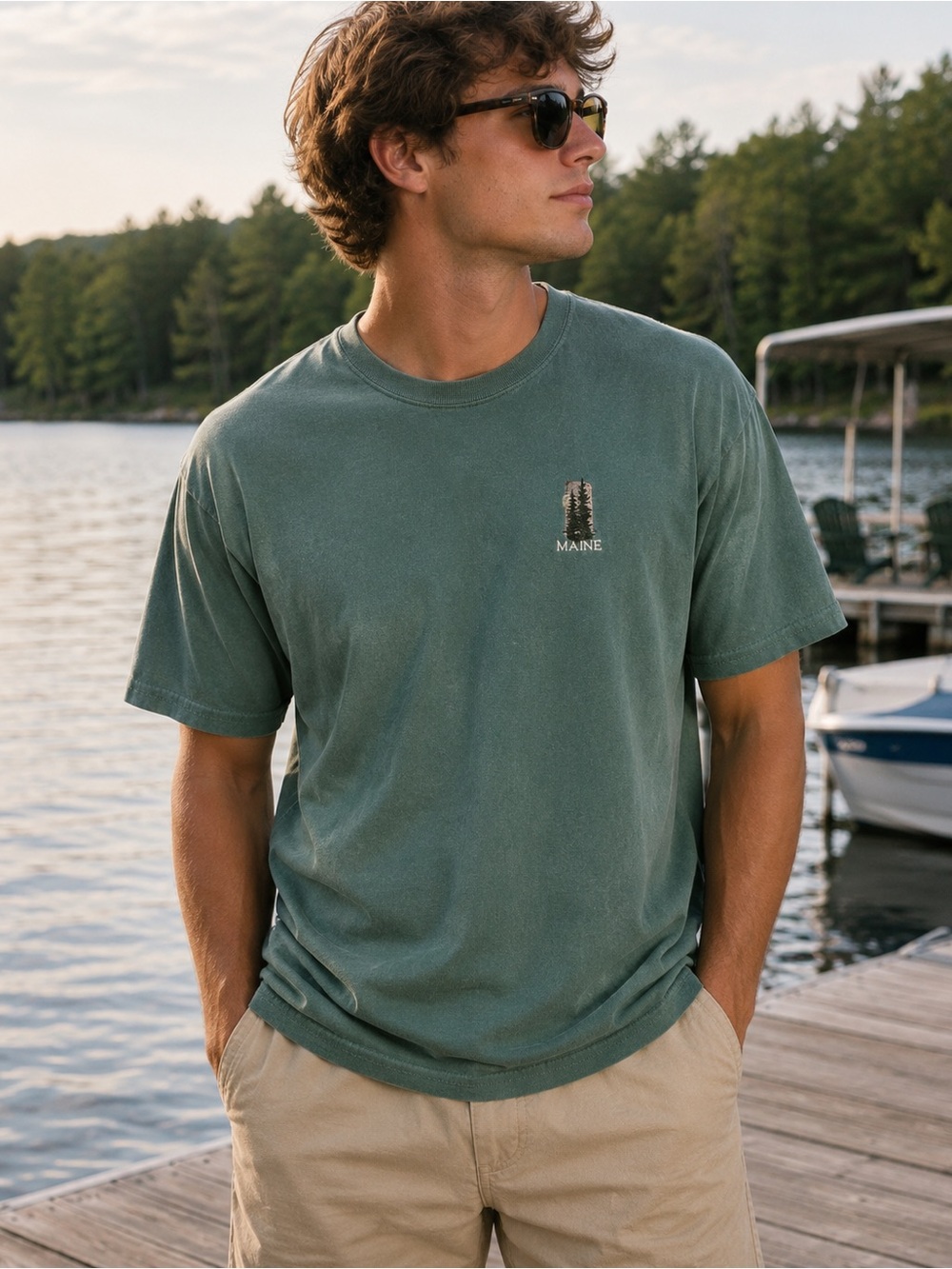 Vintage Main Embroidered Graphic T-Shirt Men’s Lg Green Nature Tee